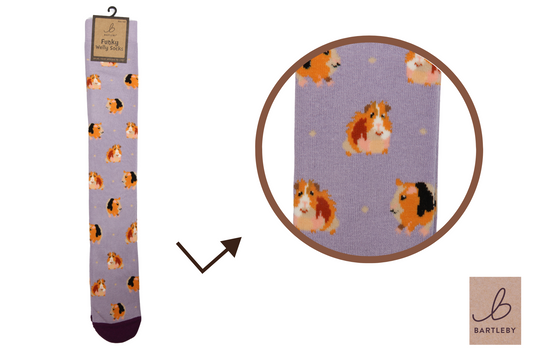 Sock with guinea pig pattern on a purple background, featuring the Bartleby brand.