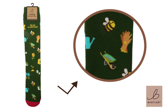 Green sock with nature-themed design featuring a bee, sunflower, and watering can on a white background. Brand 'Bartleby' visible.