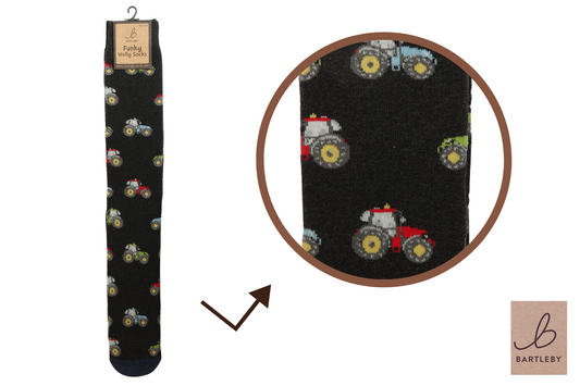Black sock with red tractors on a white background, featuring the Bartleby brand.