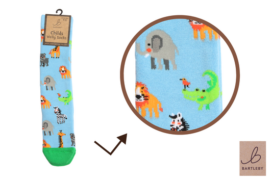 Children's socks with animal pattern on a blue background, featuring Bartleby branding.