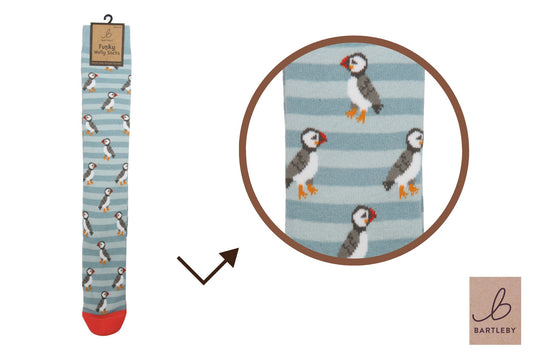 Sock with puffin design on a striped background, featuring the brand 'Bartleby'.