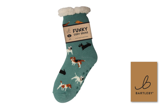 Green sock with dog patterns and BARTLEBY branding on a white background