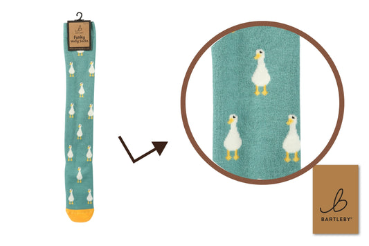 Teal sock with duck pattern on a white background, featuring the Bartleby brand.