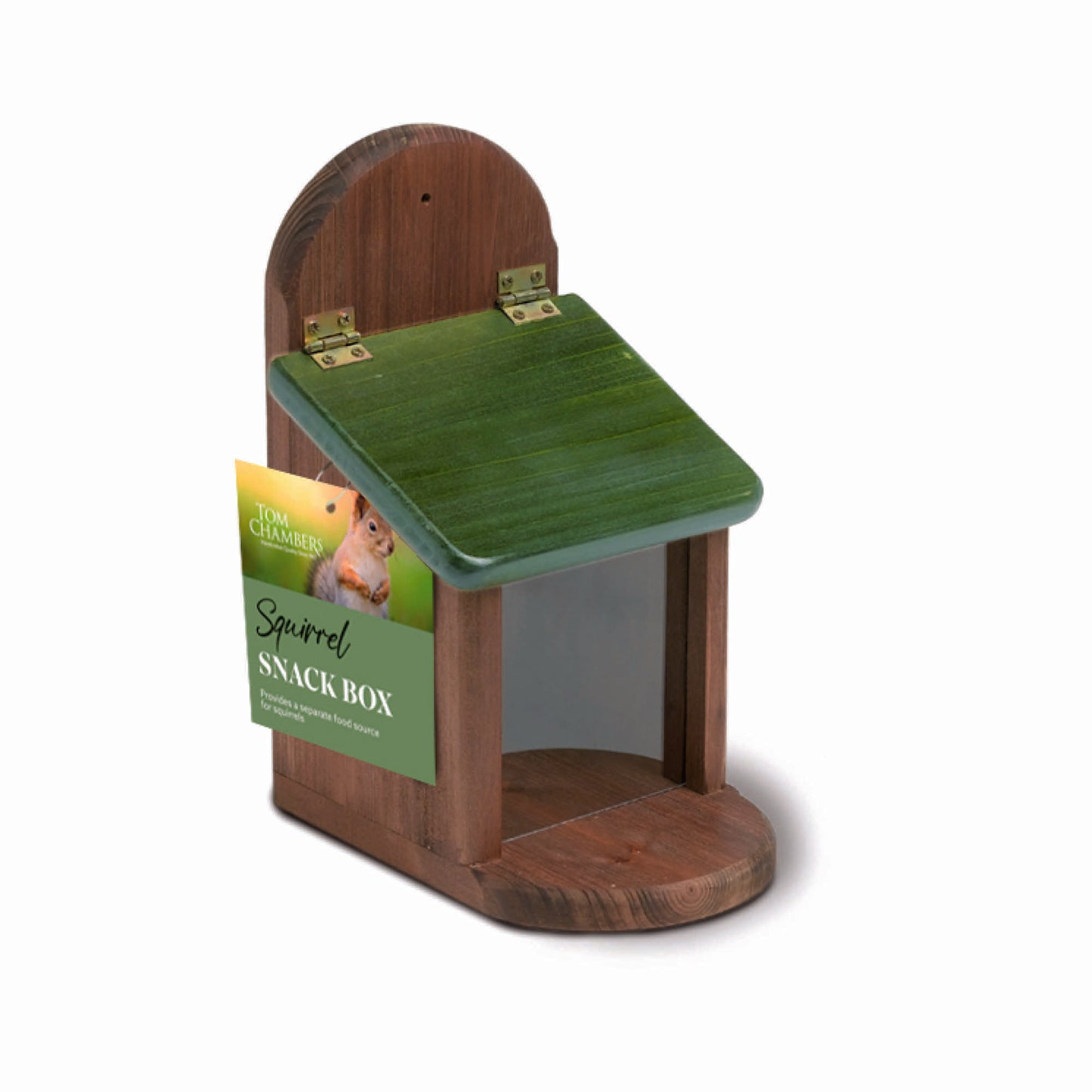 Wooden squirrel snack box with green top on a white background