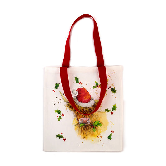Tote bag with a design of a rooster and holly leaves on a white background