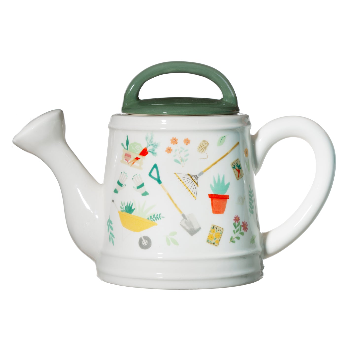 Teapot in the shape of a watering can with a gardening themed pattern, on a white background