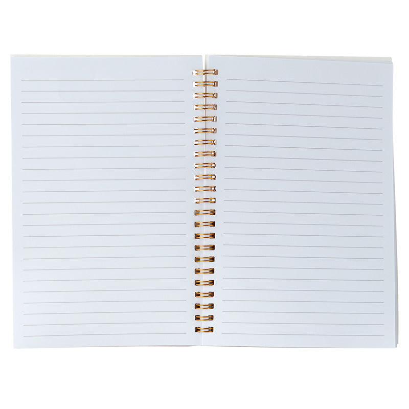 Open notebook with lined pages and gold spiral binding on a white background