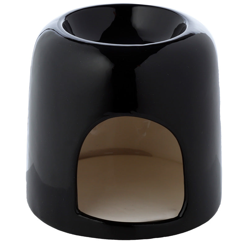 Black pet bed with a beige interior on a white background