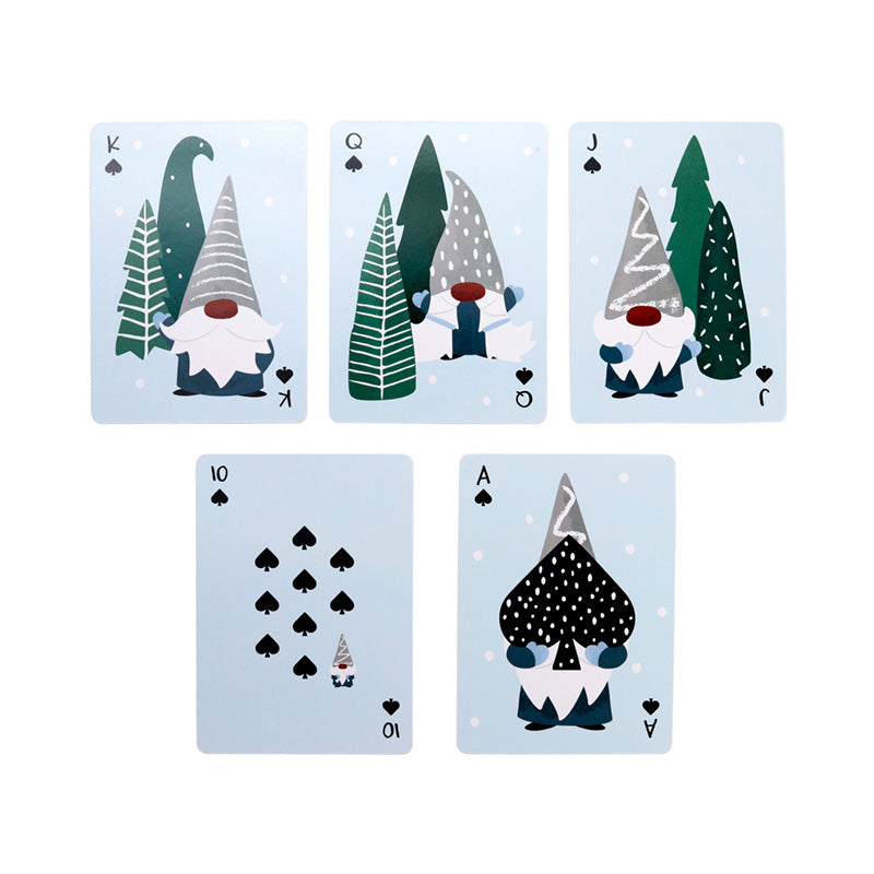 Set of playing cards with gnome illustrations on a light blue background