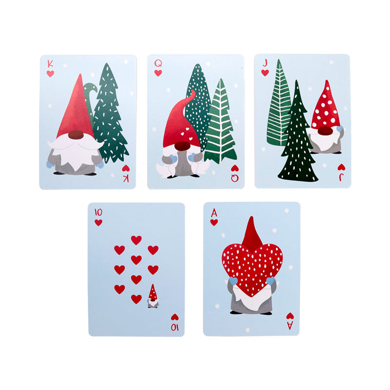 Set of playing cards with gnome and tree designs on a light blue background
