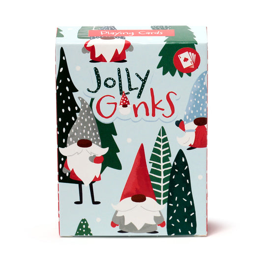 Playing card box with 'Jolly Gonks' text and cartoon gnomes on a light blue background