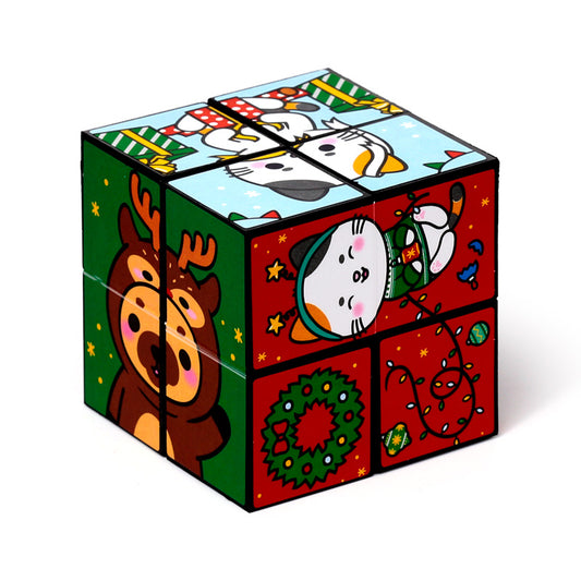 Colorful cube with cartoon characters on a white background