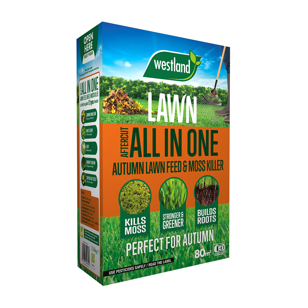 Westland Lawn Aftercut All in One Autumn Lawn Feed & Moss Killer packaging on a white background
