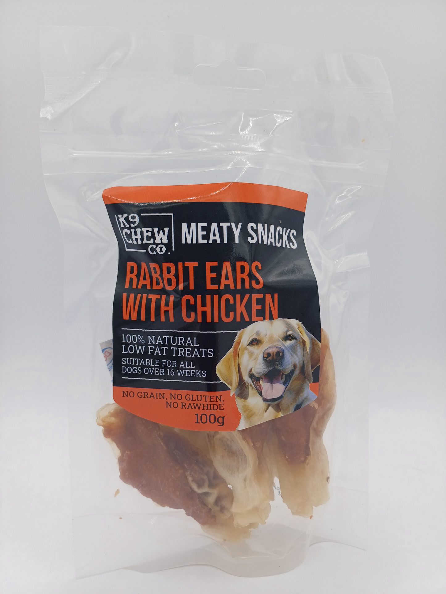 K9 Chew Co. Meaty Snacks Rabbit Ears with Chicken 100g on a white background