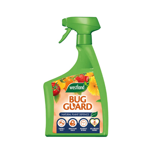 Green spray bottle labeled 'Bug Guard' by Westland on a white background