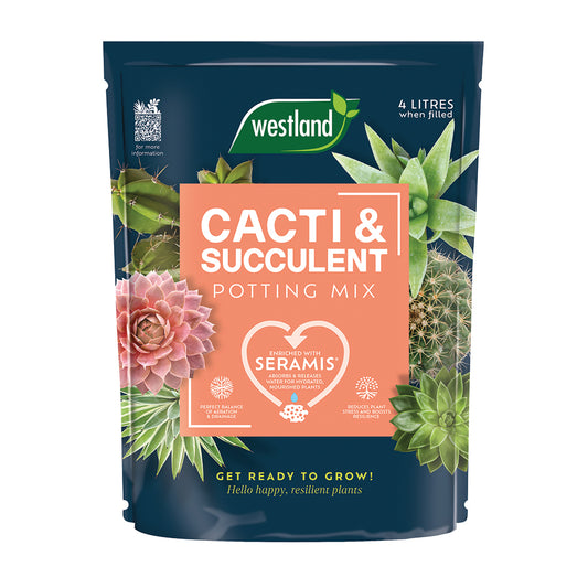 Westland cacti and succulent potting mix packaging with branding and product details.