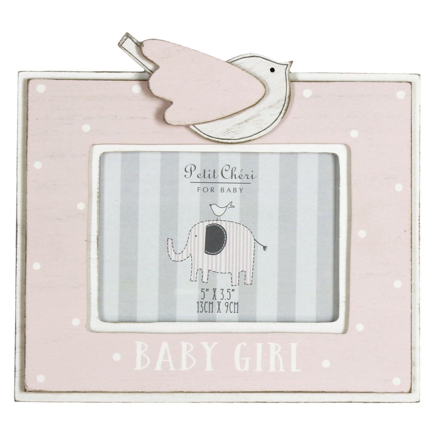 Pink baby girl photo frame with bird design on a white background