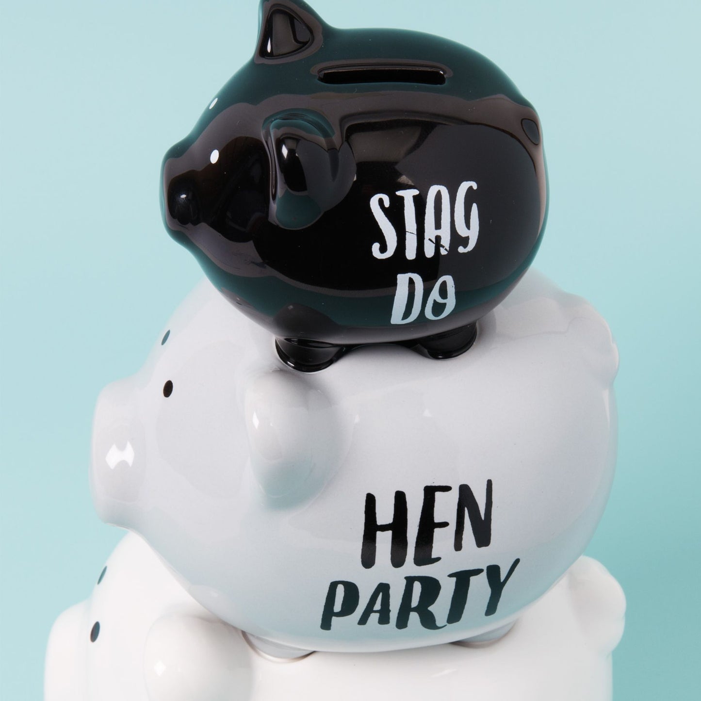 Black piggy bank with 'Stag Do' text on top of a white piggy bank with 'Hen Party' text, against a light blue background.