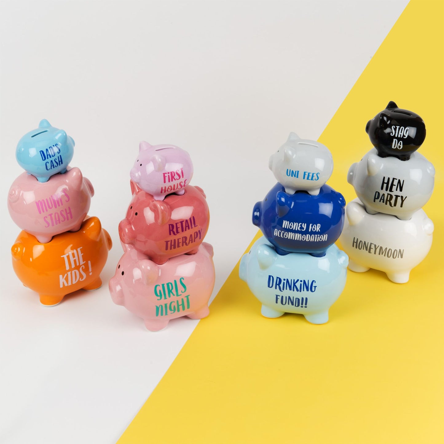 Set of colorful piggy banks with humorous text on a white and yellow background