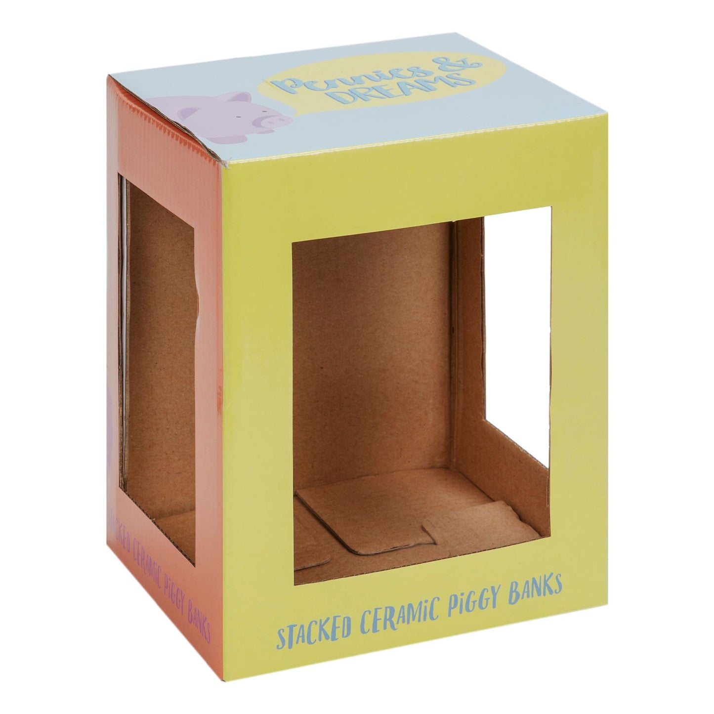 Packaging box for stacked ceramic piggy banks with a clear window