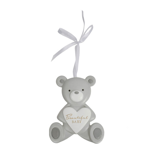 Gray teddy bear with a white heart and 'Beautiful Baby' text on a white background