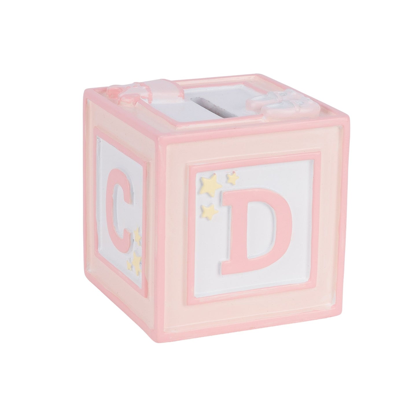 Pink block-shaped tissue box with letters 'C' and 'D' on a white background