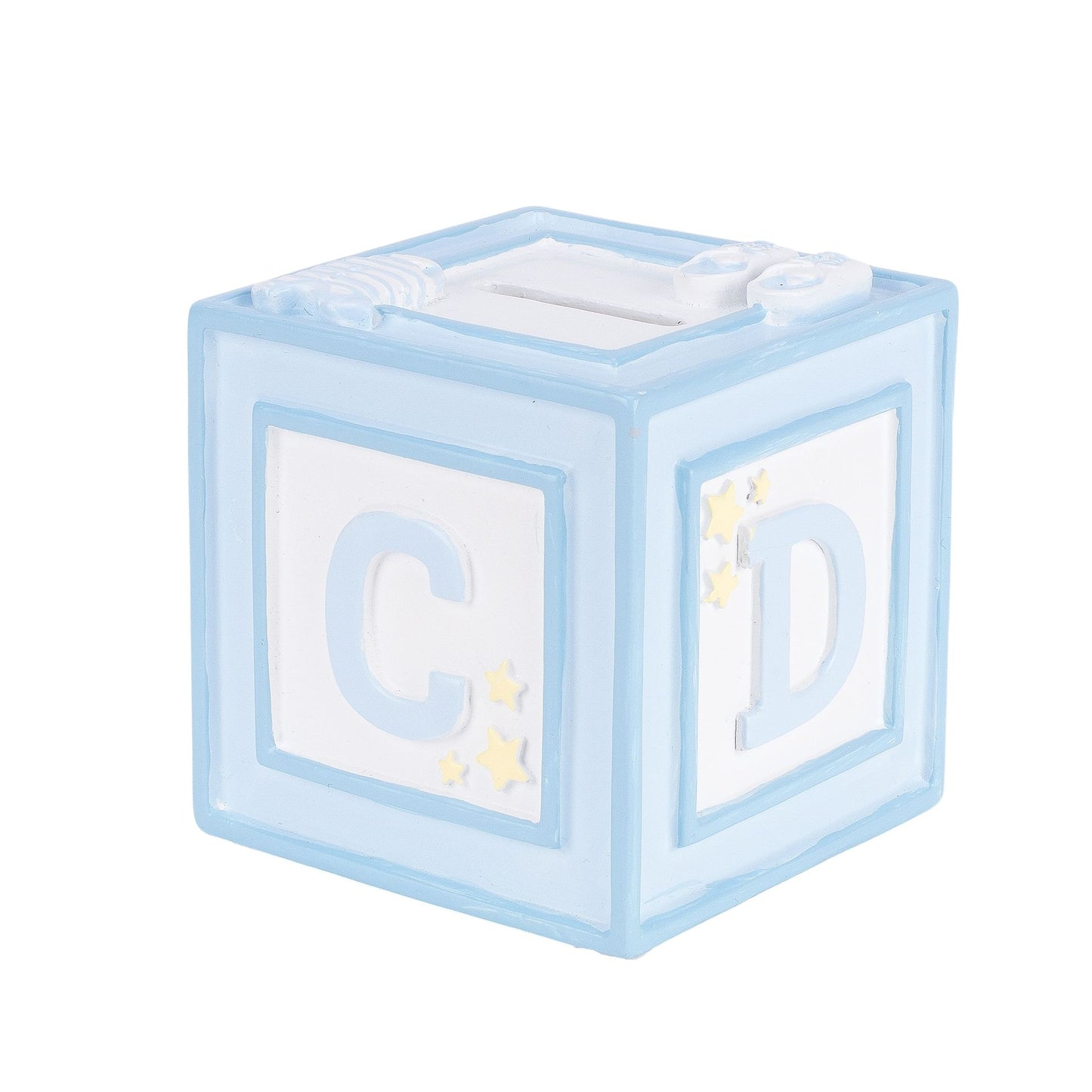 Transparent blue cube with letters 'C' and 'D' on a white background