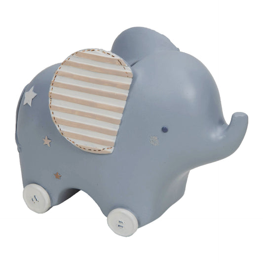 Gray elephant toy with a striped ear on a white background