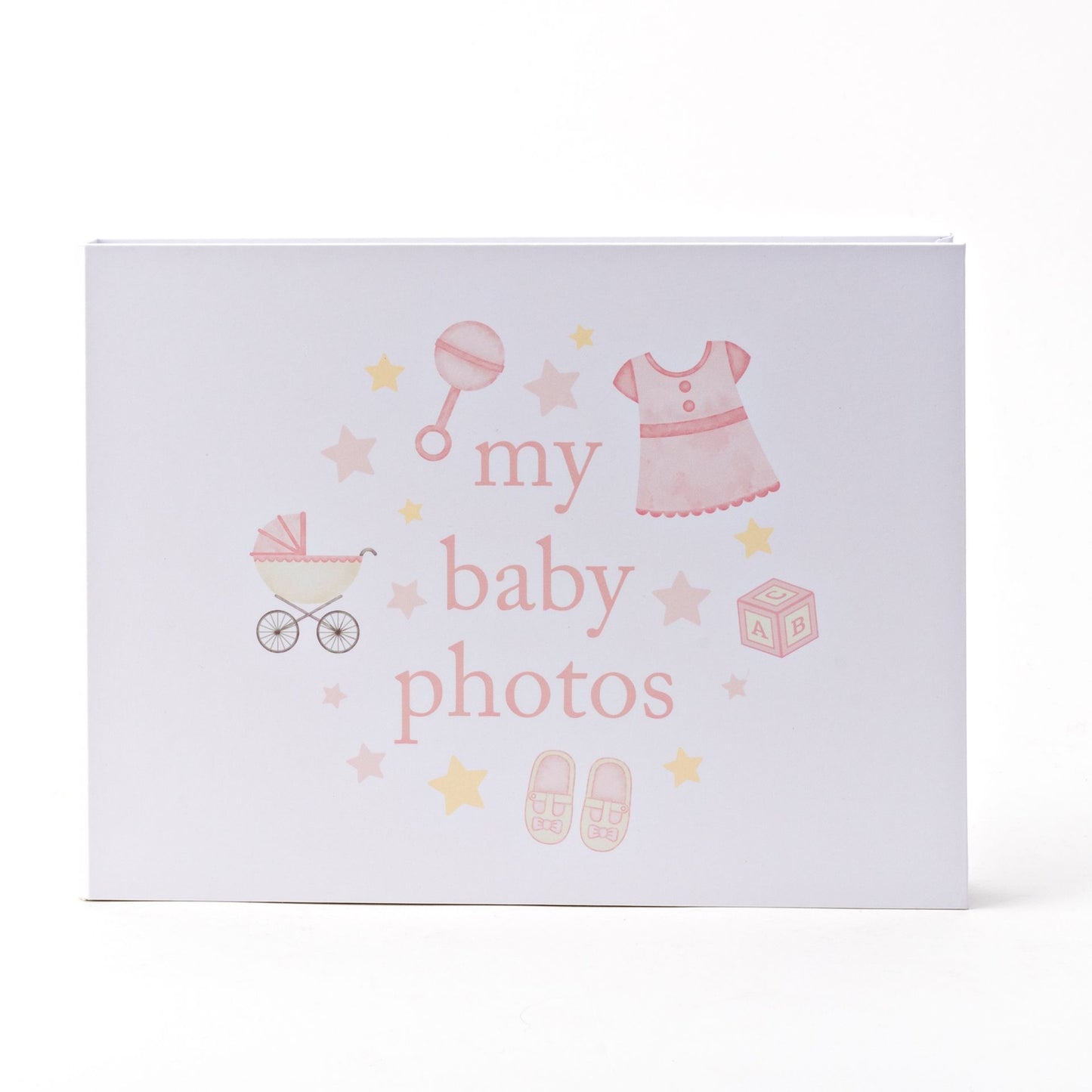 Card with 'my baby photos' text and baby-themed illustrations on a white background