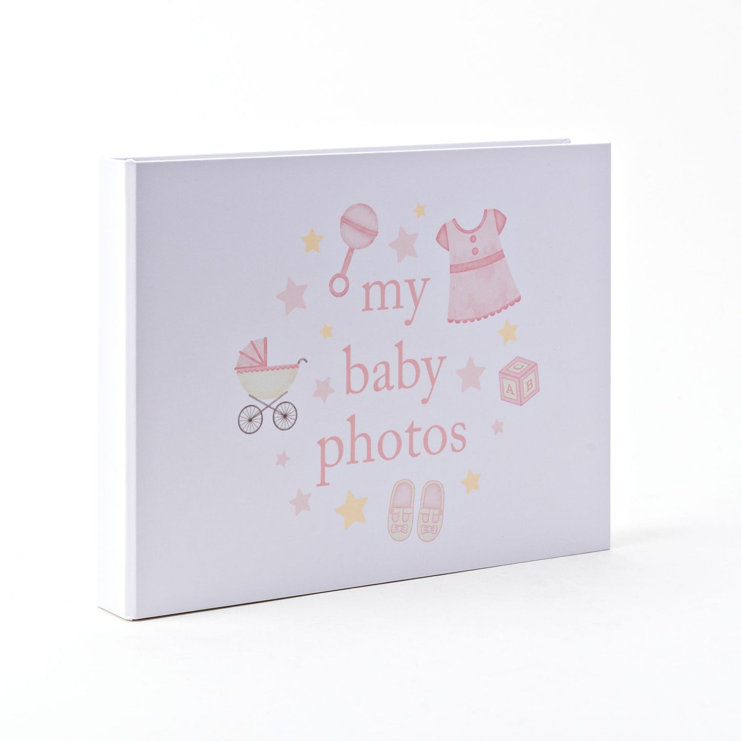 Album for baby photos with illustrations and text on a white background
