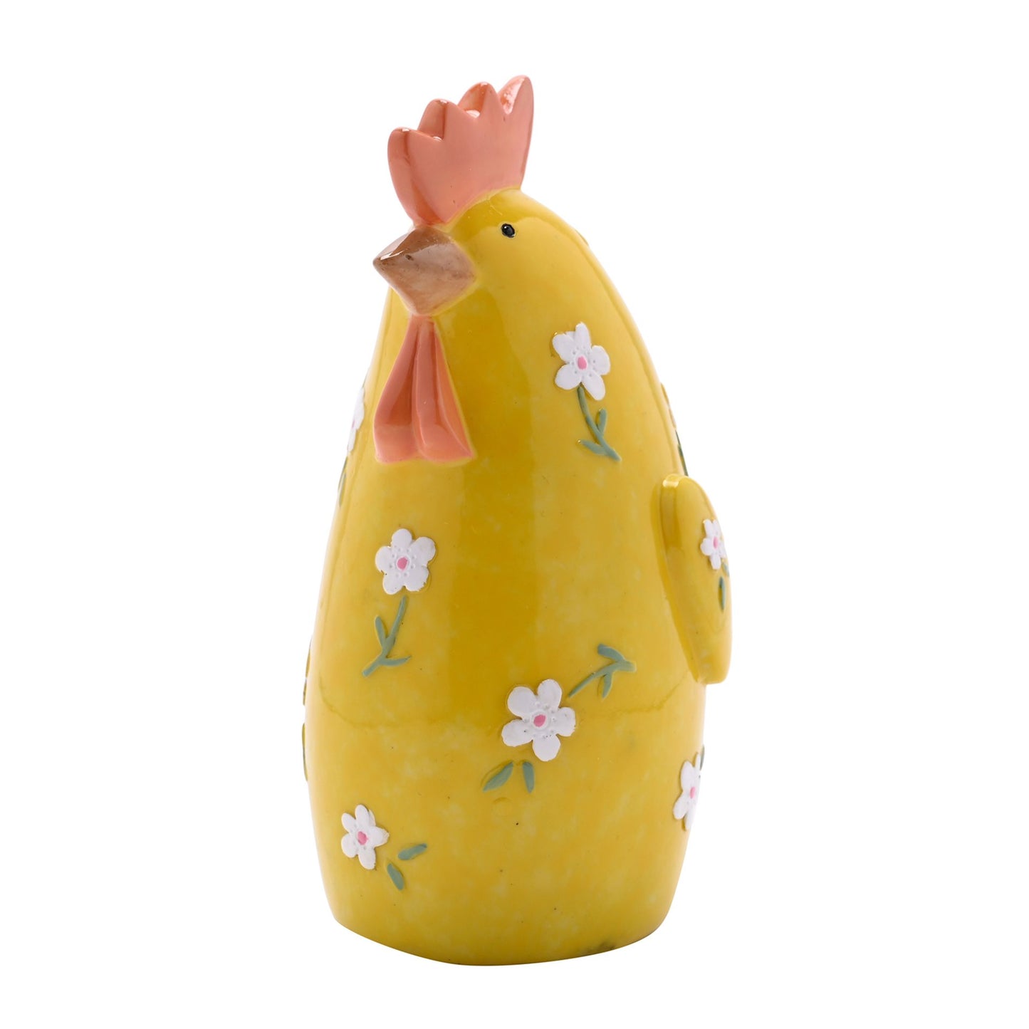 Yellow ceramic chicken with floral designs on a white background