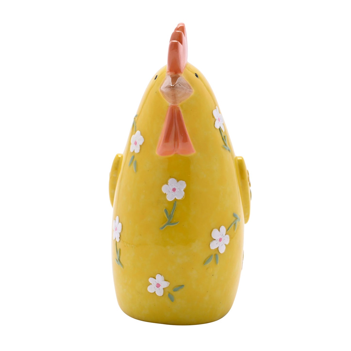 Yellow ceramic chicken with floral patterns on a white background