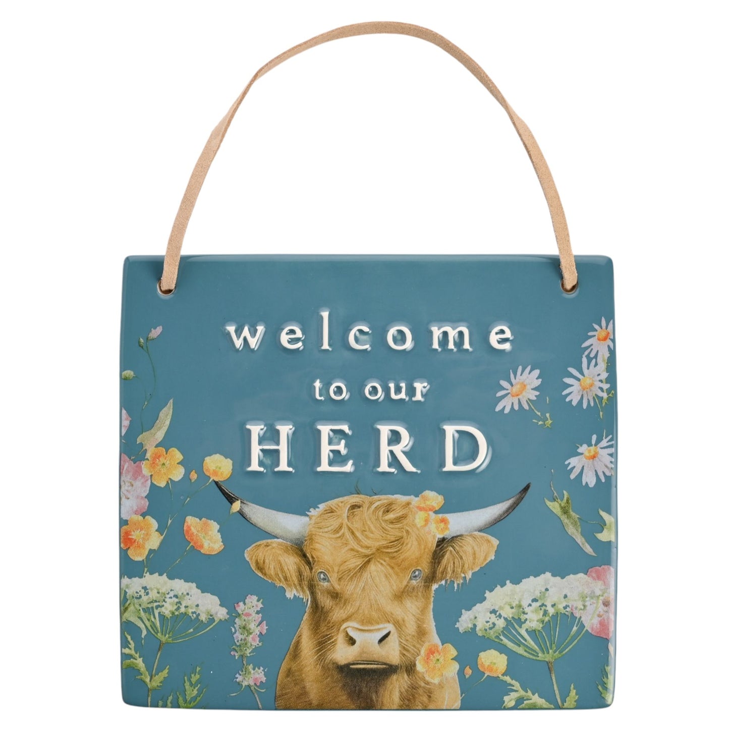 Decorative sign with a cow illustration and 'welcome to our HERD' text on a blue background.