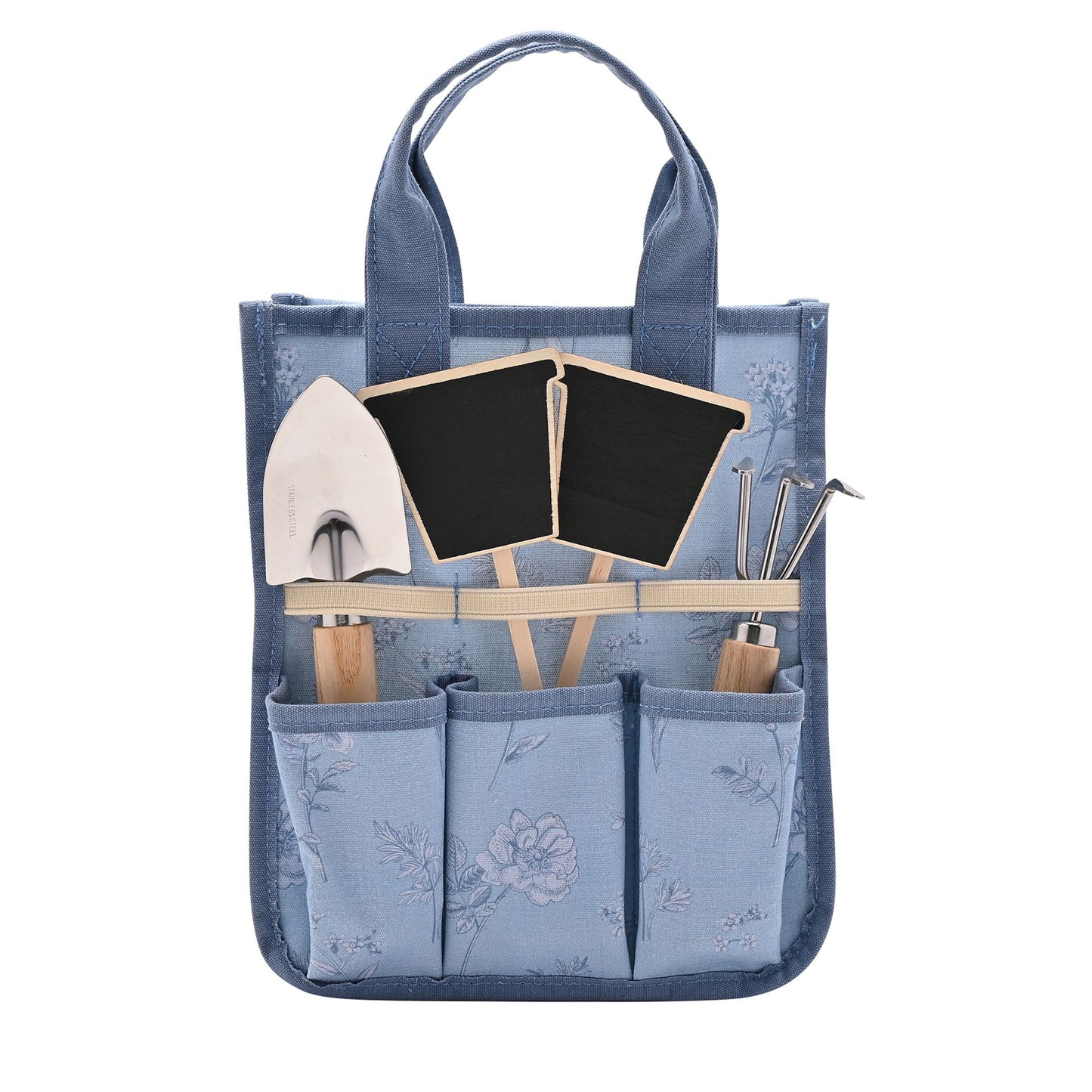 Blue gardening tote bag with tools and plants on a white background