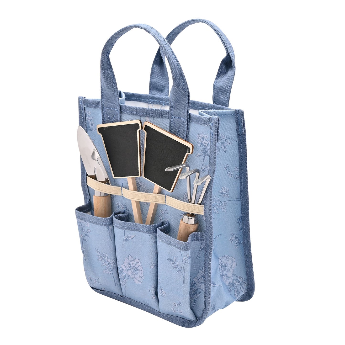Blue gardening tool bag with tools and accessories on a white background