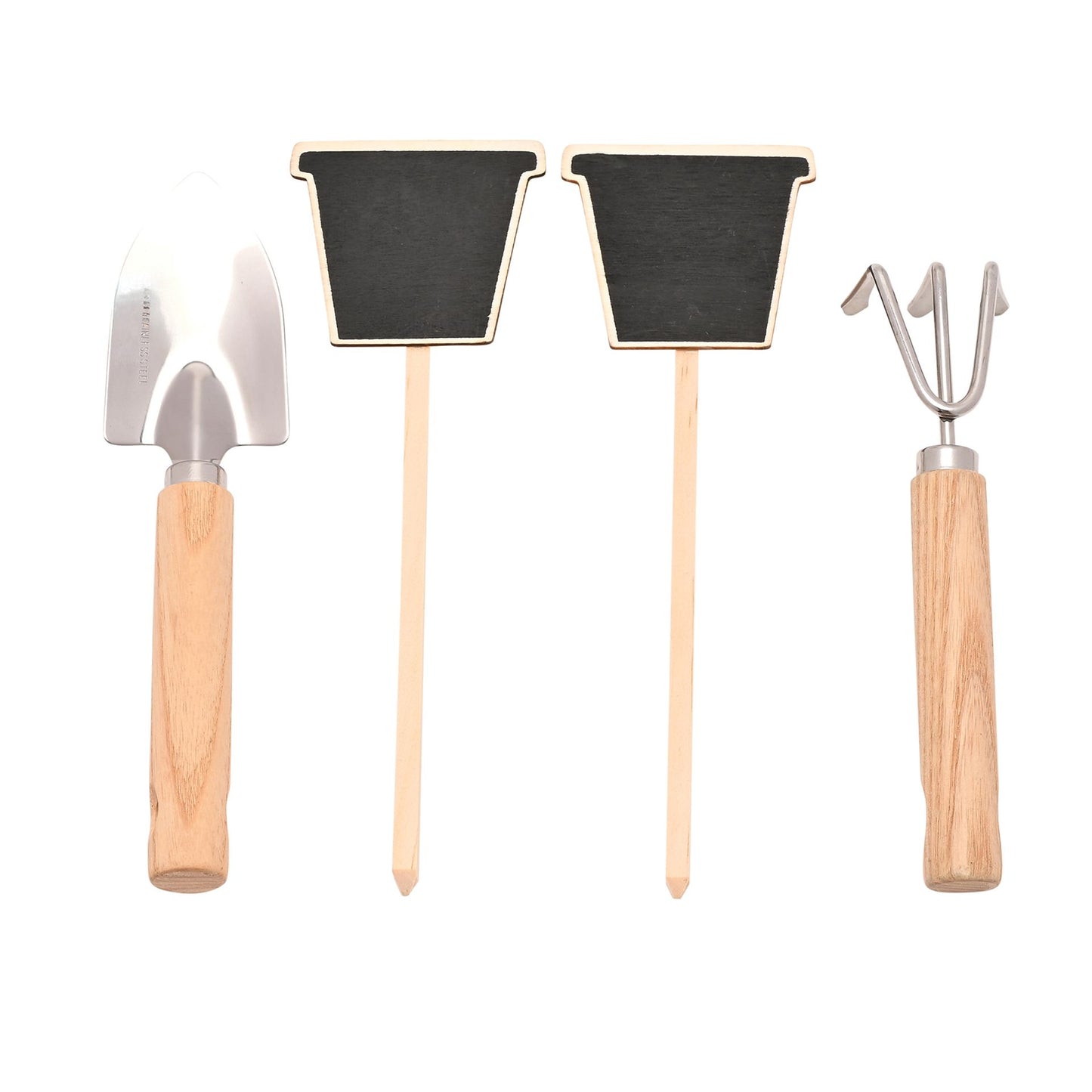 Set of gardening tools with wooden handles on a white background