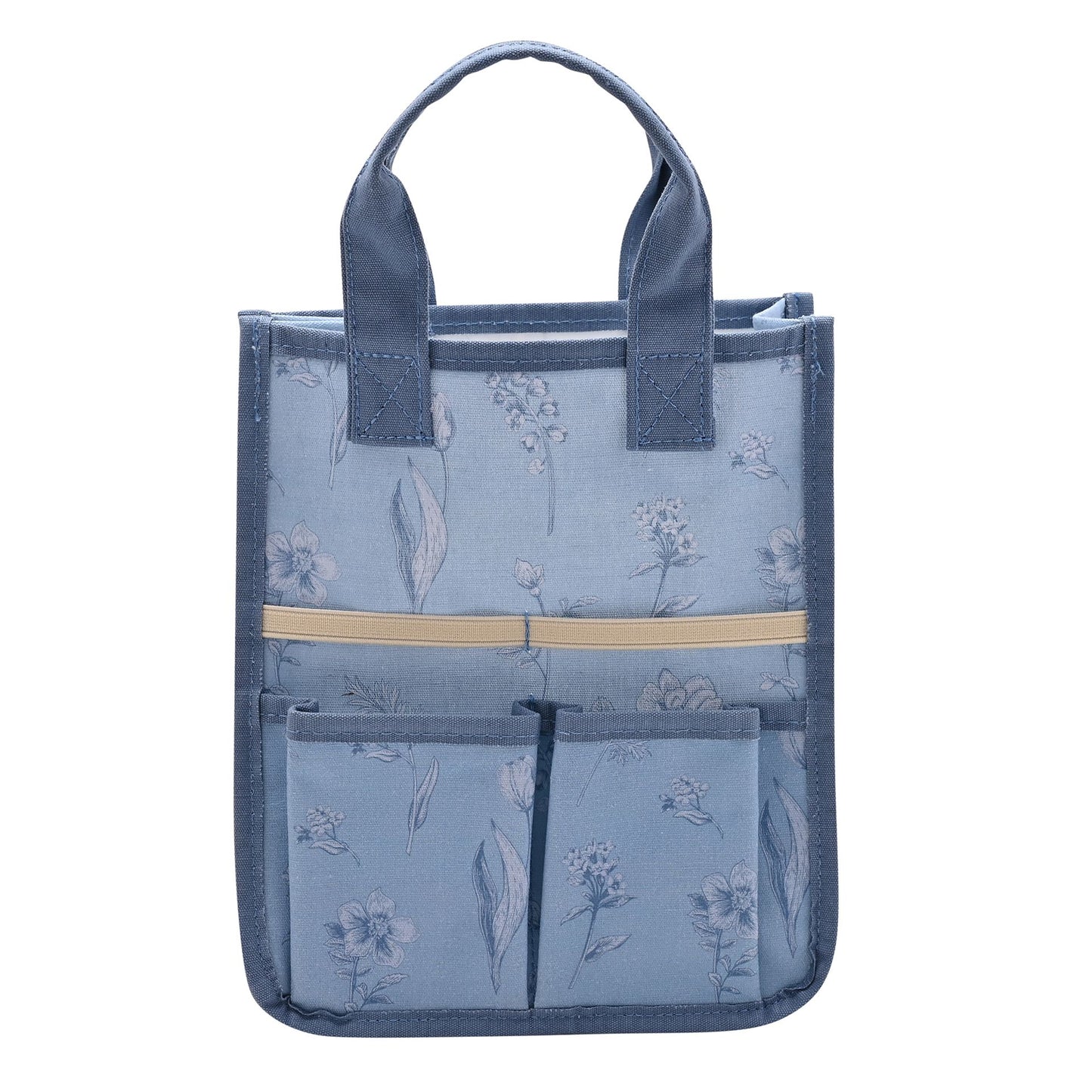 Blue tote bag with floral pattern and a pocket on a white background