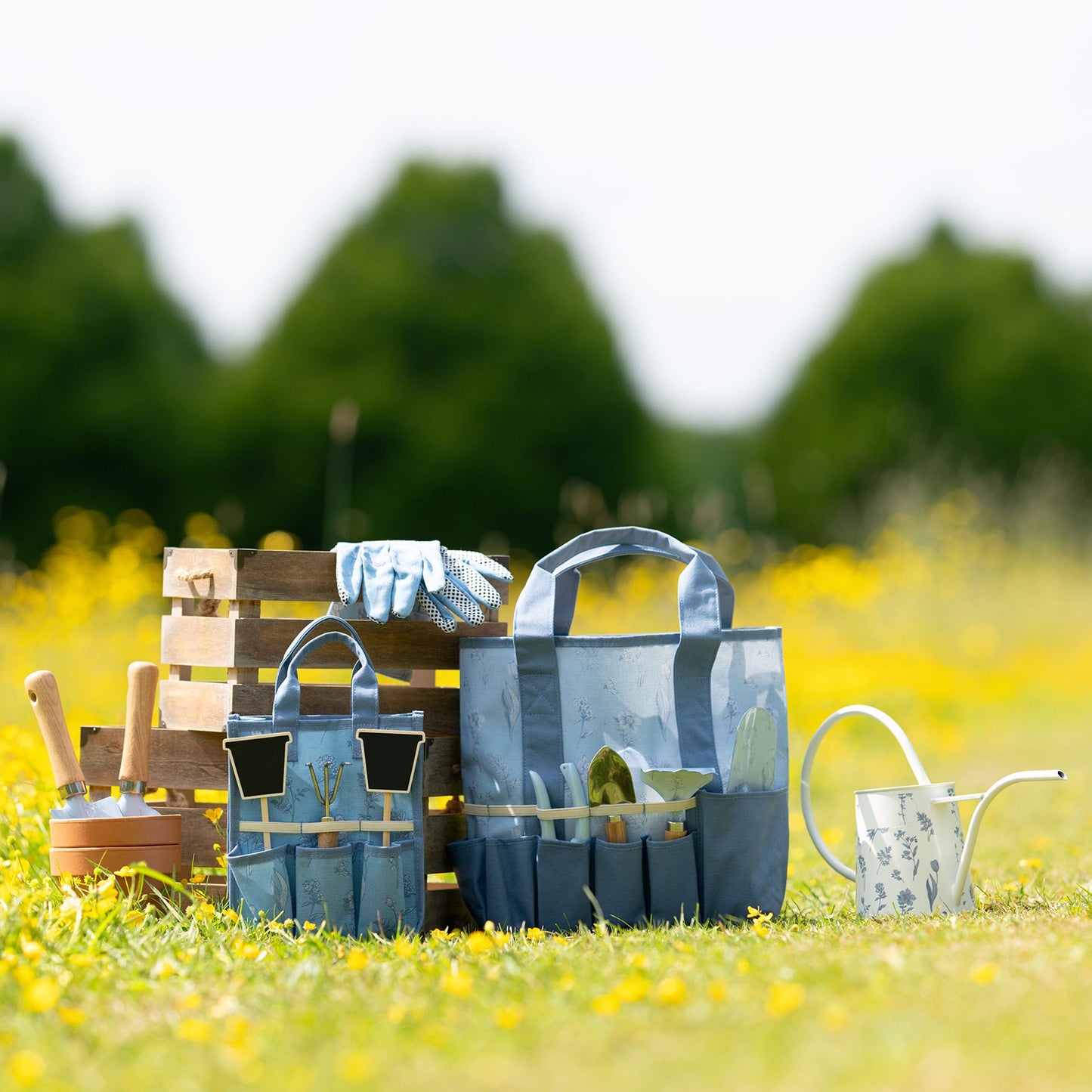 Gardening tools including a blue tool chest, trowel, gloves, and watering can on grass with blurred trees in the background.