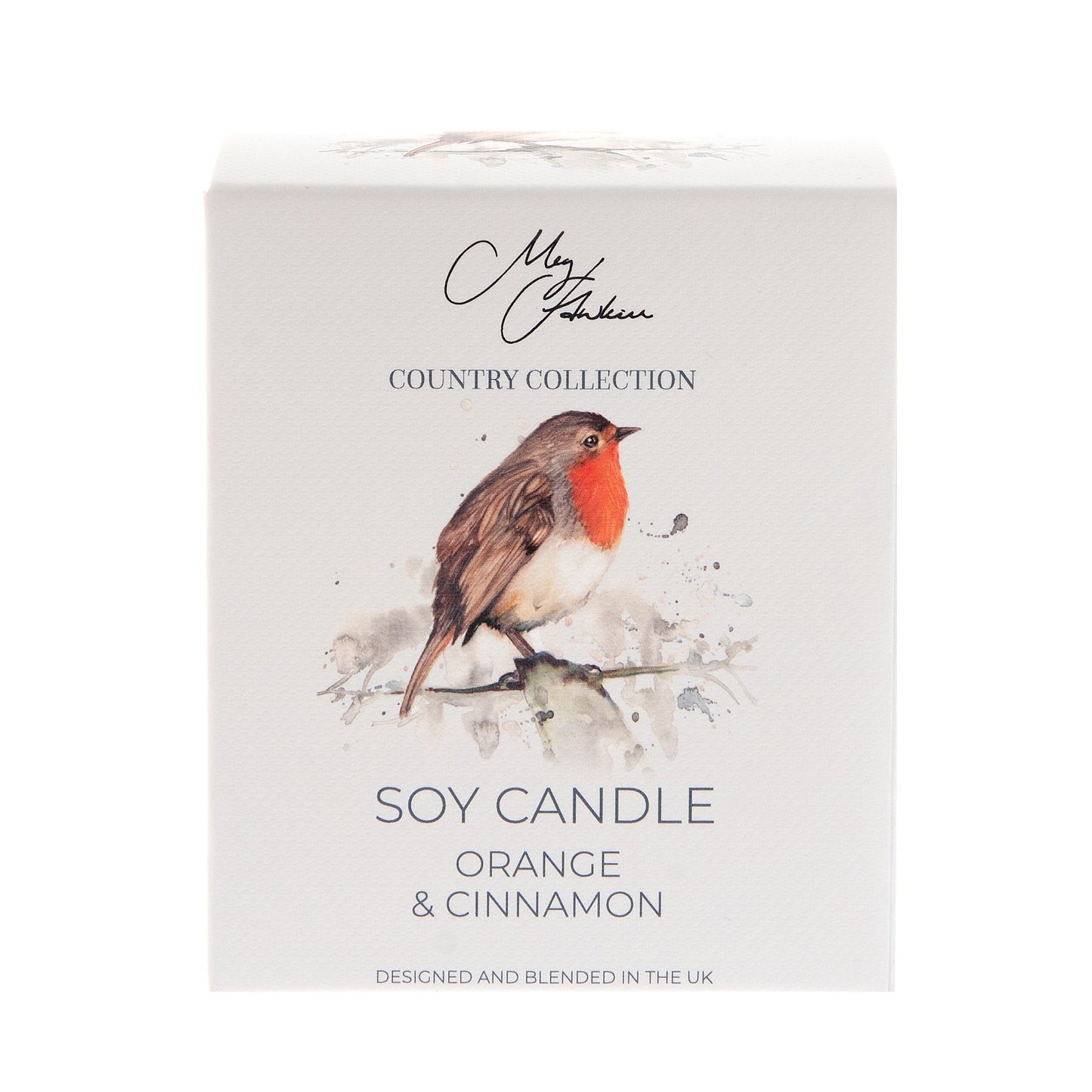 Soy candle packaging with a robin illustration and 'Country Collection' branding.