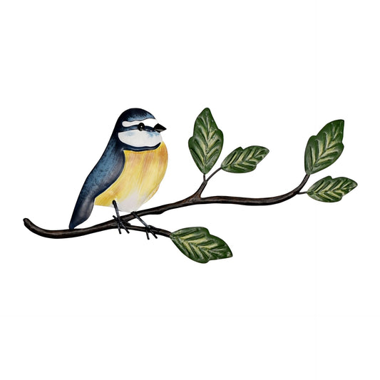 Decorative wall art of a bird on a branch with leaves on a white background