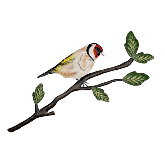 Decorative metal wall art of a bird on a branch with leaves