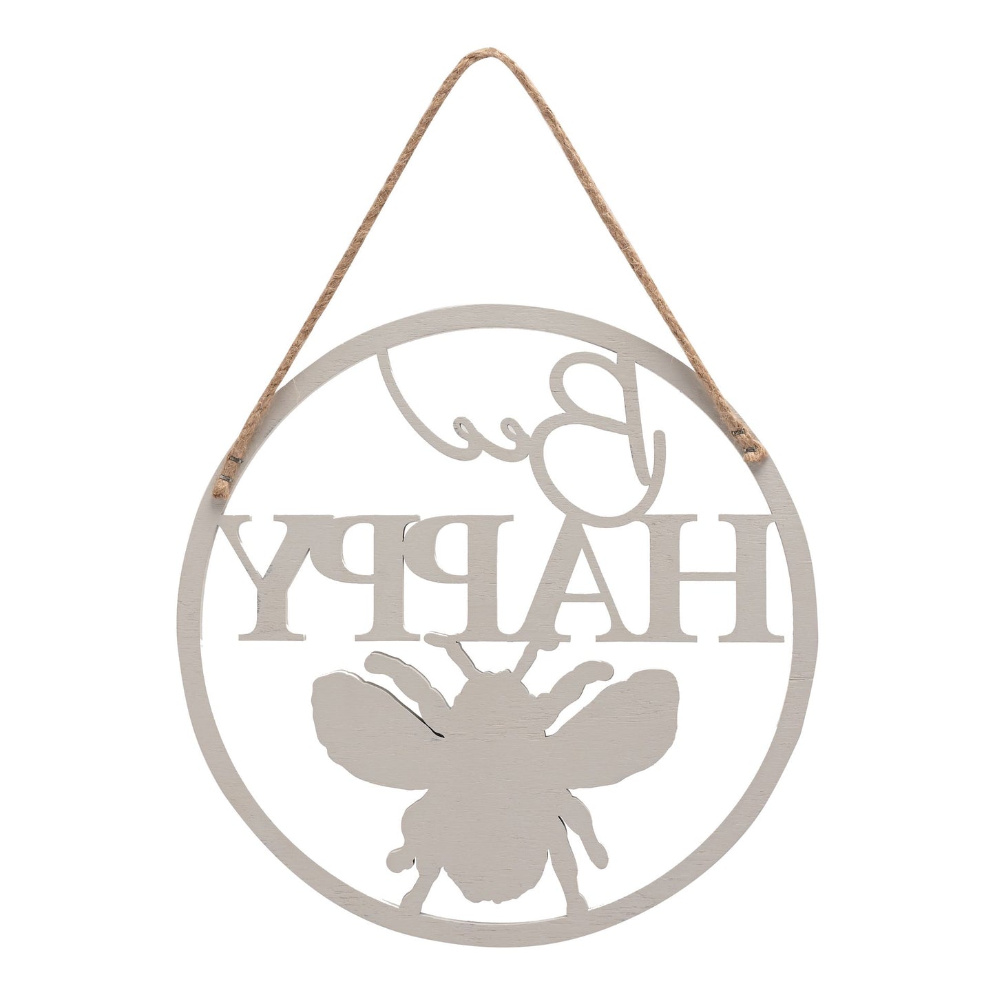 Decorative metal sign with 'Happy' and a bee design, hanging on a white background.