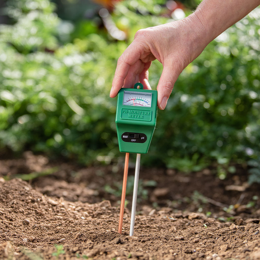 Person using a soil moisture meter in a garden setting