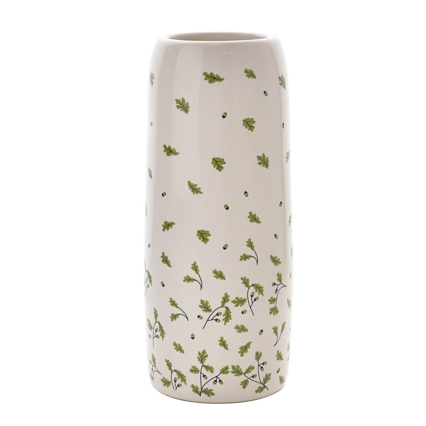 Cylindrical vase with green leaf pattern on a white background