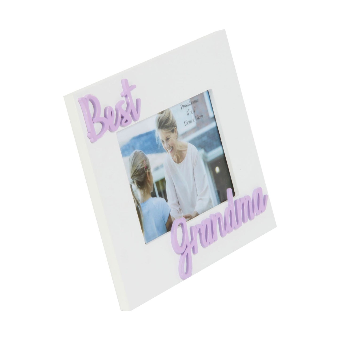 White photo frame with 'Best Grandma' text and a photo of a woman and child.