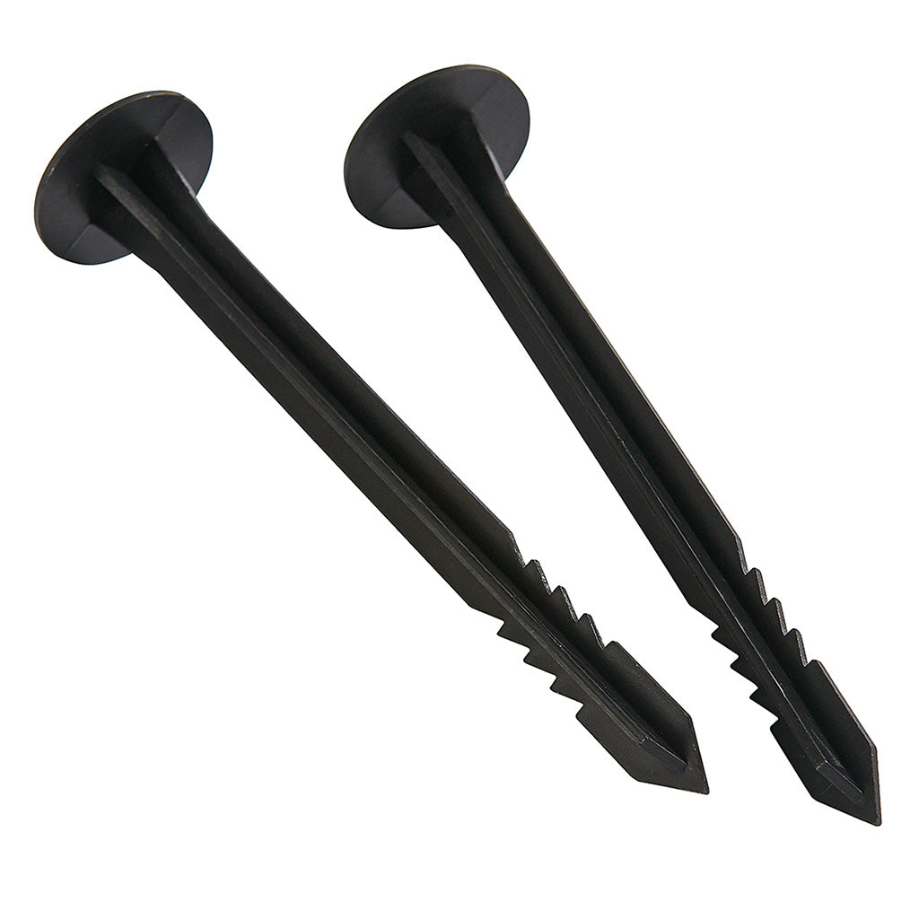 Two black metal tent stakes on a white background