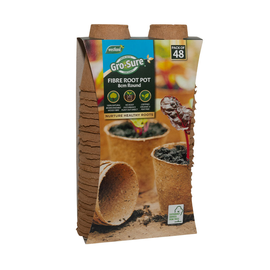Pack of GRO-SURE fibre root pots with branding and product details on a white background