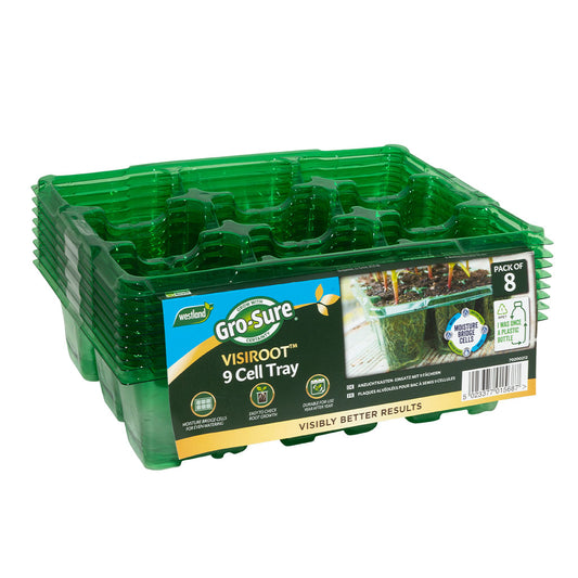 Green 9-cell plant tray with Gro-Sure branding on a white background