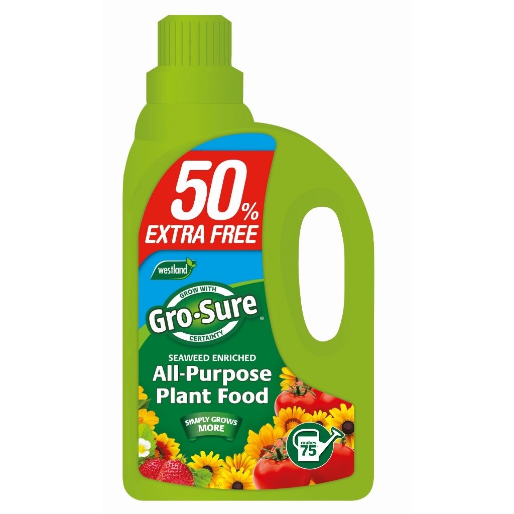 Gro-Sure all-purpose plant food bottle with promotional text on a white background