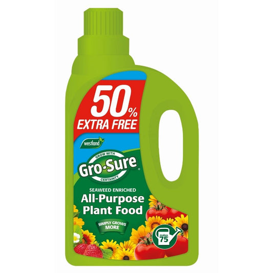 Gro-Sure all-purpose plant food bottle with promotional text on a white background